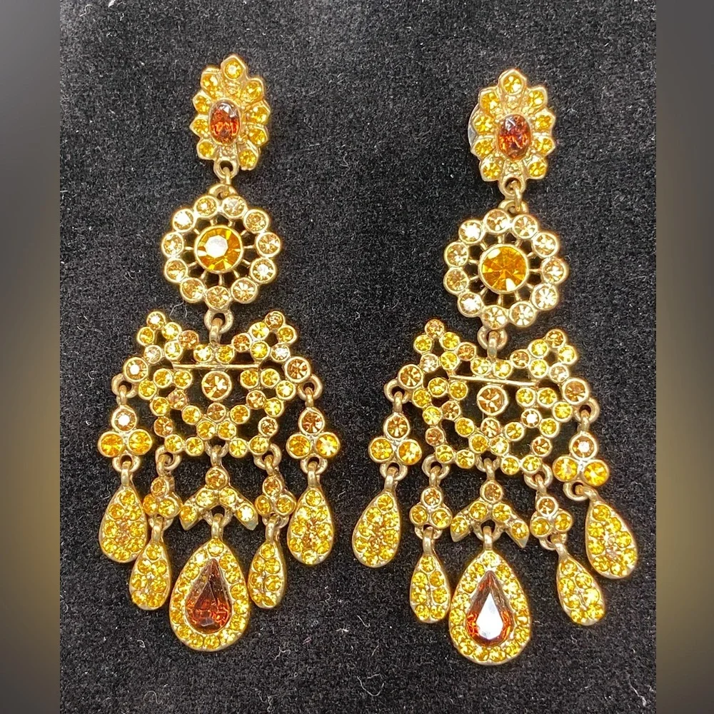 Chandelier Rhinestone Earrings Pierced Honey Topaz Color